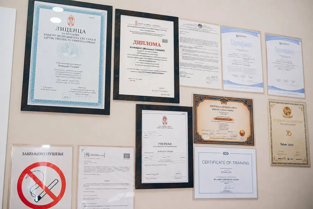 Diplomas and certificates are available for inspection at the clinic.